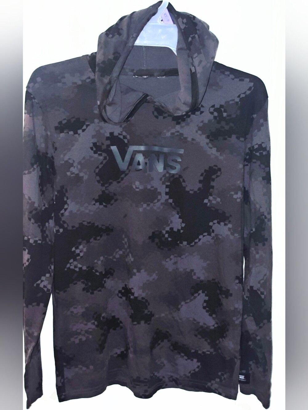 Boys Vans Pixel Camo Long Sleeve Hoodie Shirt  In Grays & Black.